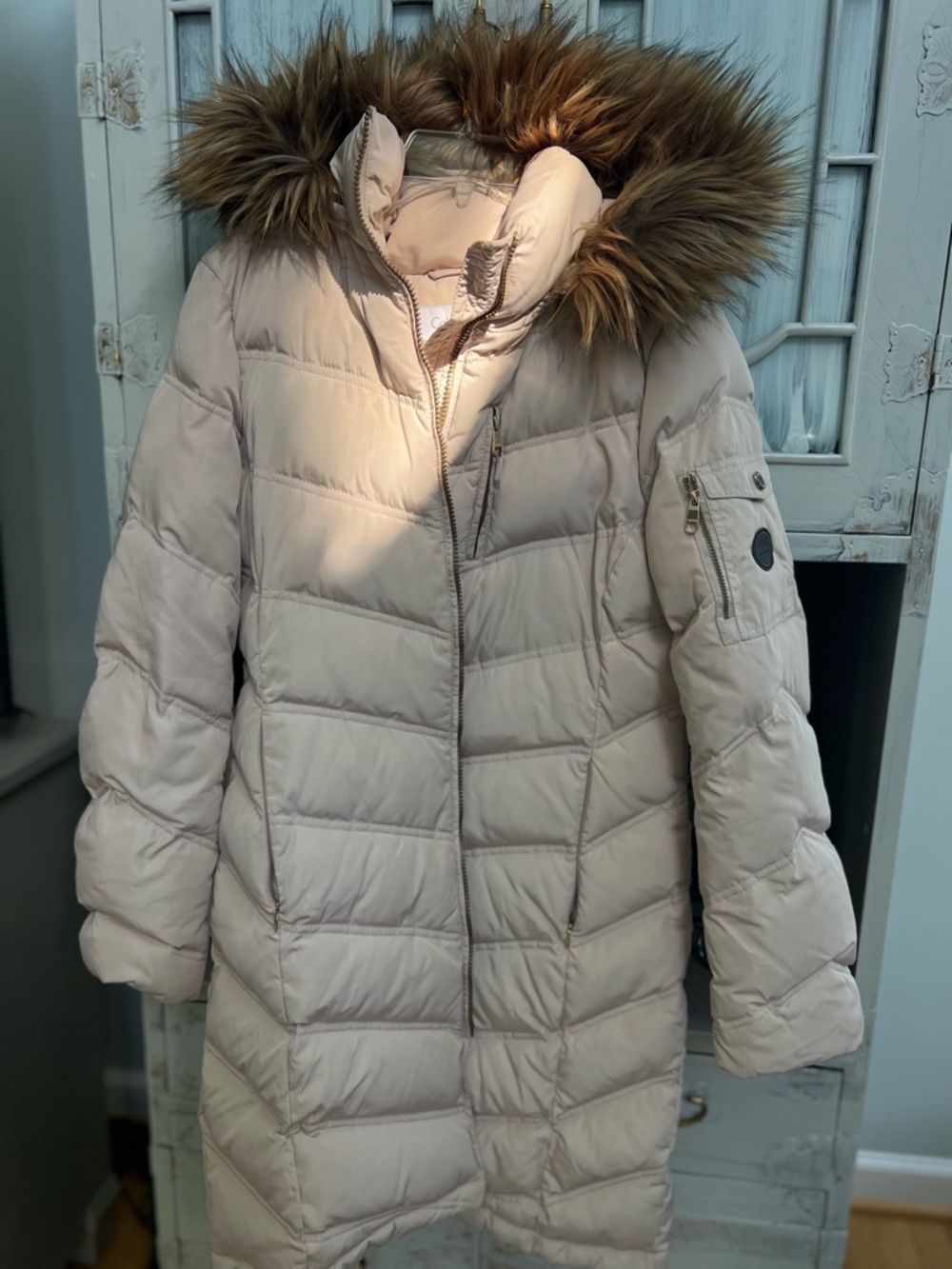 Calvin Klein Beige Long Puffer Coat with Faux Fur Hood